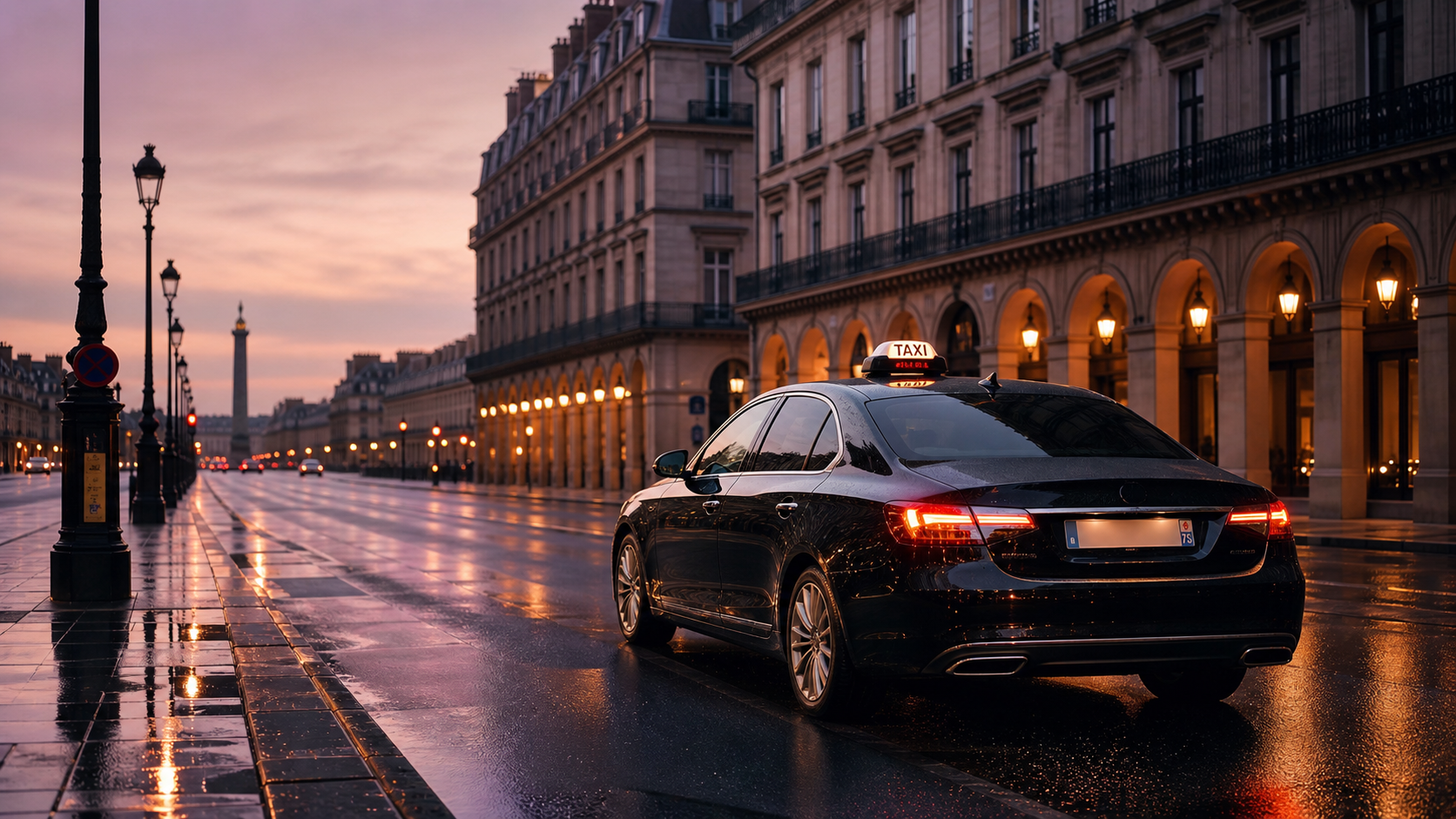 Taxi noir dans une avenue parisienne au lever du jour